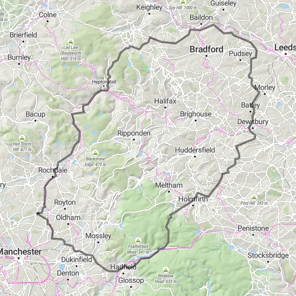 Map miniature of "Middleton to Hebden Bridge Adventure" cycling inspiration in Greater Manchester, United Kingdom. Generated by Tarmacs.app cycling route planner