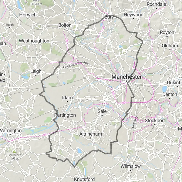 Map miniature of "Cheshire Loop" cycling inspiration in Greater Manchester, United Kingdom. Generated by Tarmacs.app cycling route planner