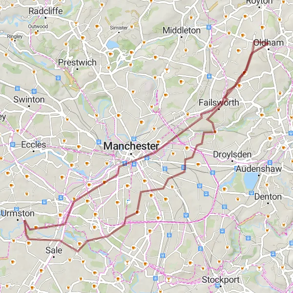 Map miniature of "Gravel Adventure to Manchester" cycling inspiration in Greater Manchester, United Kingdom. Generated by Tarmacs.app cycling route planner