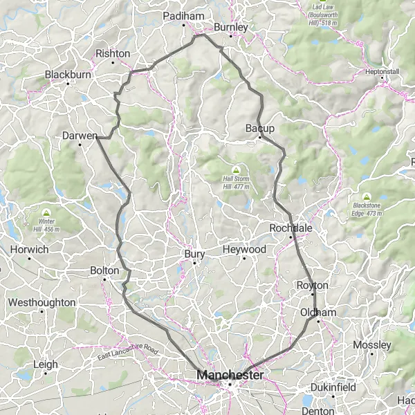 Map miniature of "Manchester Explorer" cycling inspiration in Greater Manchester, United Kingdom. Generated by Tarmacs.app cycling route planner