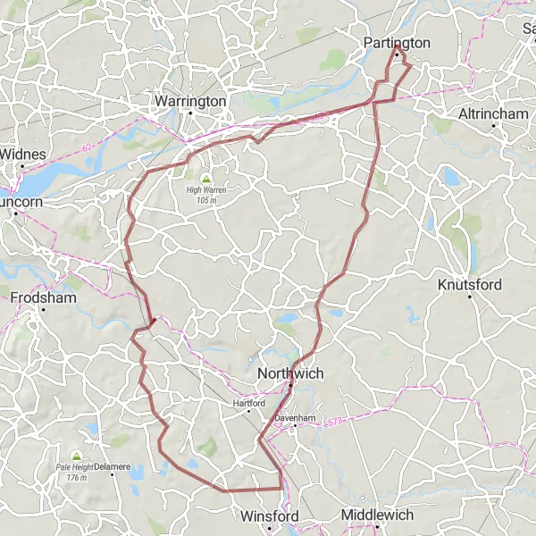 Map miniature of "Exploring Cheshire Villages" cycling inspiration in Greater Manchester, United Kingdom. Generated by Tarmacs.app cycling route planner