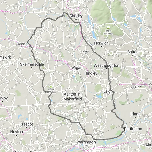 Map miniature of "The Warrington Loop" cycling inspiration in Greater Manchester, United Kingdom. Generated by Tarmacs.app cycling route planner