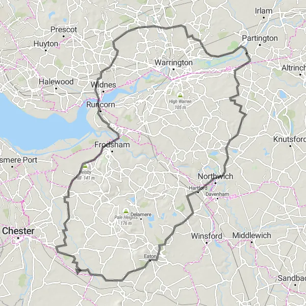 Map miniature of "Cheshire Hills and Countryside" cycling inspiration in Greater Manchester, United Kingdom. Generated by Tarmacs.app cycling route planner