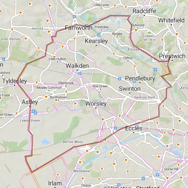 Map miniature of "Eccles to Clifton Green Gravel Adventure" cycling inspiration in Greater Manchester, United Kingdom. Generated by Tarmacs.app cycling route planner