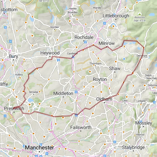 Map miniature of "Rochdale and Oldham Gravel Adventure" cycling inspiration in Greater Manchester, United Kingdom. Generated by Tarmacs.app cycling route planner