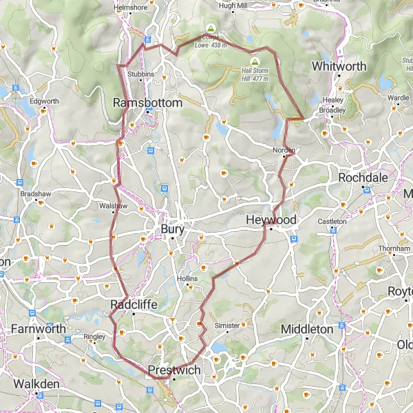 Map miniature of "Radcliffe and Edenfield Gravel Loop" cycling inspiration in Greater Manchester, United Kingdom. Generated by Tarmacs.app cycling route planner