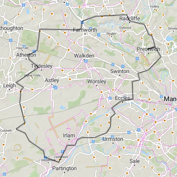 Map miniature of "Exploring the Hidden Gems of Eccles and Cadishead" cycling inspiration in Greater Manchester, United Kingdom. Generated by Tarmacs.app cycling route planner