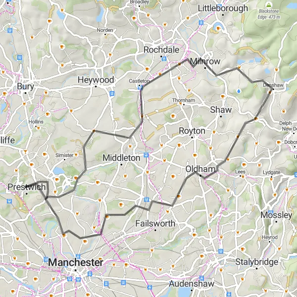Map miniature of "Harpurhey and Oldham Scenic Road Loop" cycling inspiration in Greater Manchester, United Kingdom. Generated by Tarmacs.app cycling route planner