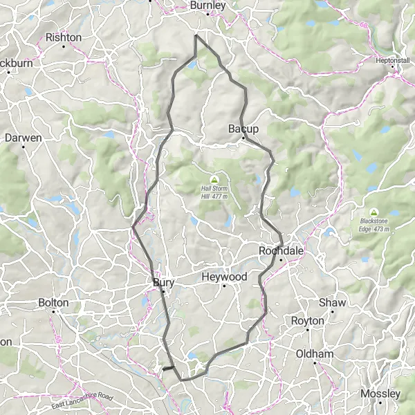 Map miniature of "Whitefield to Rochdale Epic Road Journey" cycling inspiration in Greater Manchester, United Kingdom. Generated by Tarmacs.app cycling route planner