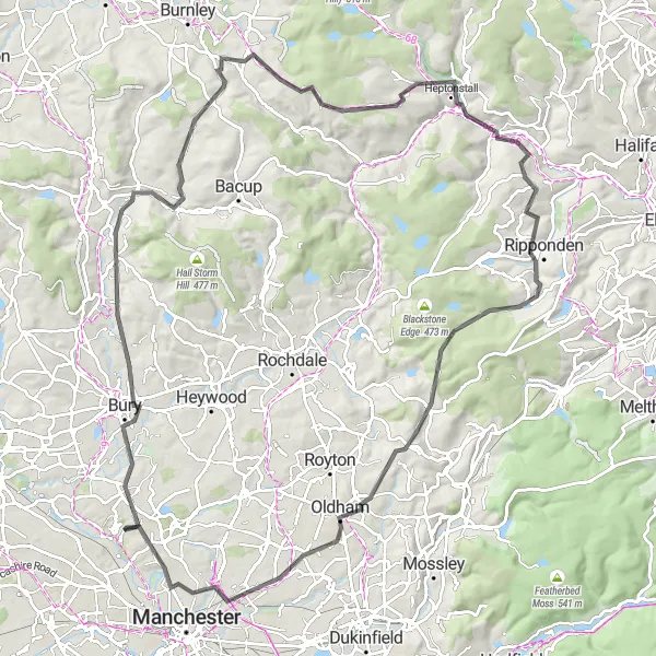 Map miniature of "Whitefield to Denshaw Road Challenge" cycling inspiration in Greater Manchester, United Kingdom. Generated by Tarmacs.app cycling route planner