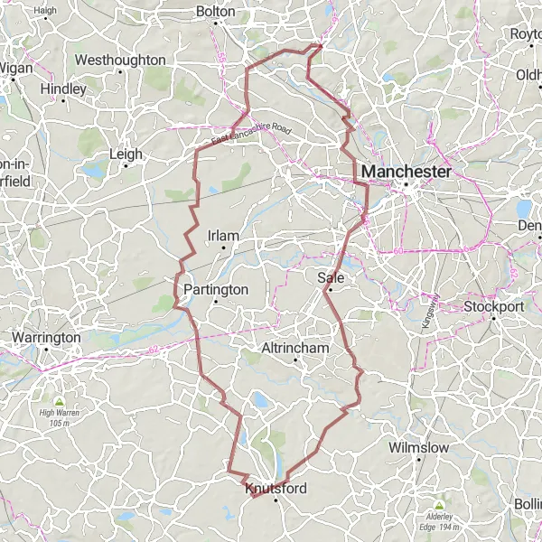 Map miniature of "Salford, Sale, Knutsford, and Farnworth Gravel Route" cycling inspiration in Greater Manchester, United Kingdom. Generated by Tarmacs.app cycling route planner