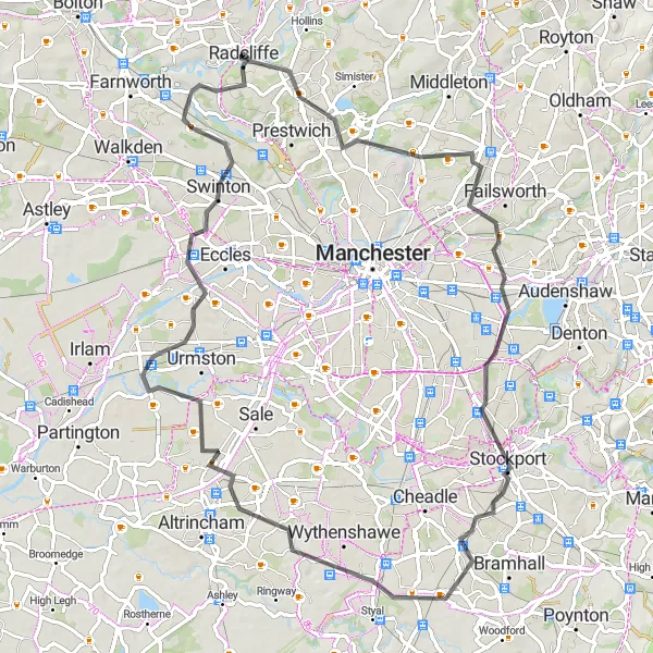 Map miniature of "Road Ride through Historic and Natural Treasures" cycling inspiration in Greater Manchester, United Kingdom. Generated by Tarmacs.app cycling route planner