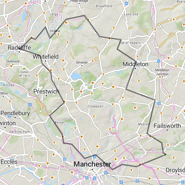 Map miniature of "Middleton, Manchester, and Heaton Park Road Route" cycling inspiration in Greater Manchester, United Kingdom. Generated by Tarmacs.app cycling route planner