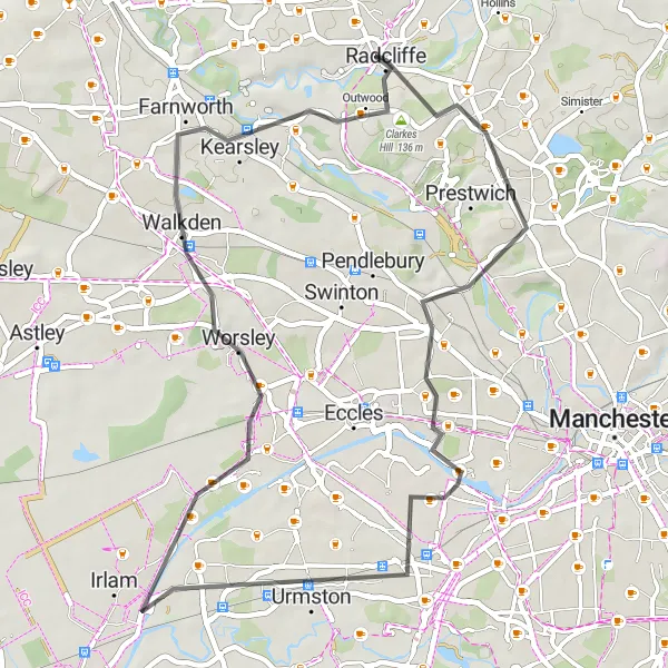 Map miniature of "The Whitefield Loop" cycling inspiration in Greater Manchester, United Kingdom. Generated by Tarmacs.app cycling route planner