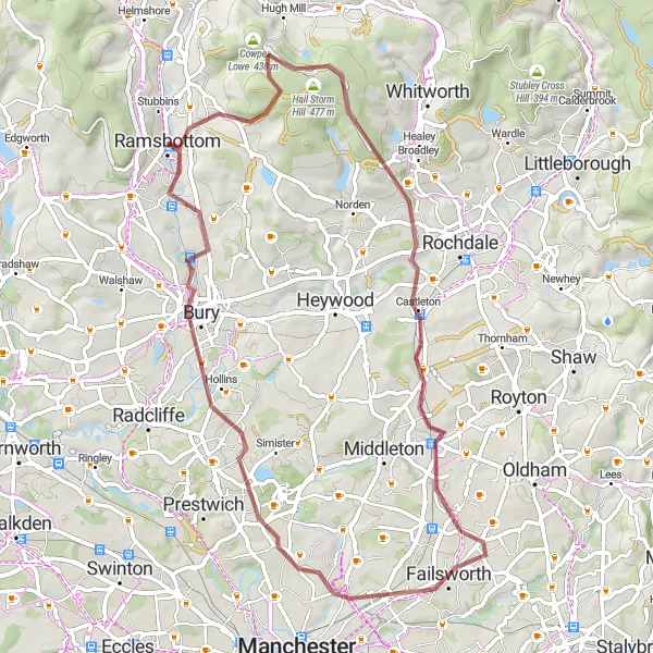 Map miniature of "The Scenic Escape" cycling inspiration in Greater Manchester, United Kingdom. Generated by Tarmacs.app cycling route planner