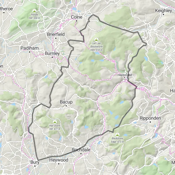 Map miniature of "The Hillside Adventure" cycling inspiration in Greater Manchester, United Kingdom. Generated by Tarmacs.app cycling route planner