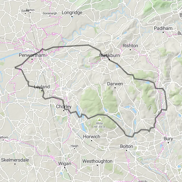 Map miniature of "The Hilltop Horizon" cycling inspiration in Greater Manchester, United Kingdom. Generated by Tarmacs.app cycling route planner