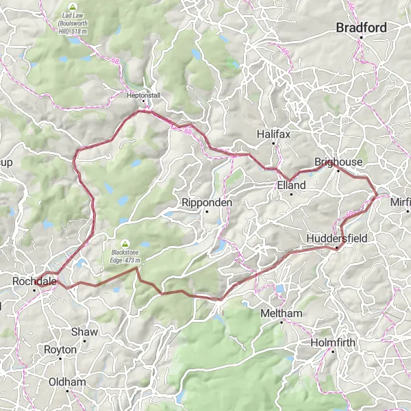 Map miniature of "Todmorden to Milnrow Gravel Adventure" cycling inspiration in Greater Manchester, United Kingdom. Generated by Tarmacs.app cycling route planner