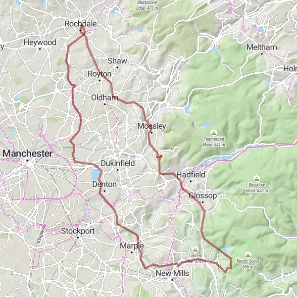 Map miniature of "Off-Road Adventure to Royton" cycling inspiration in Greater Manchester, United Kingdom. Generated by Tarmacs.app cycling route planner