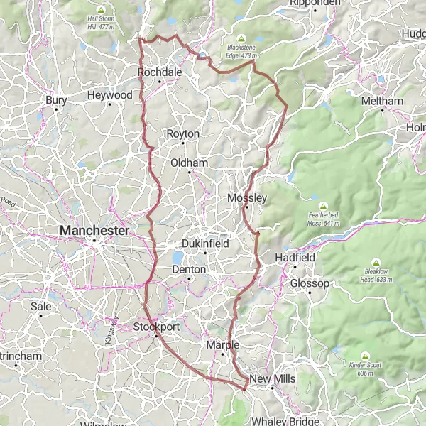 Map miniature of "Smithy Bridge to Failsworth Gravel Route" cycling inspiration in Greater Manchester, United Kingdom. Generated by Tarmacs.app cycling route planner