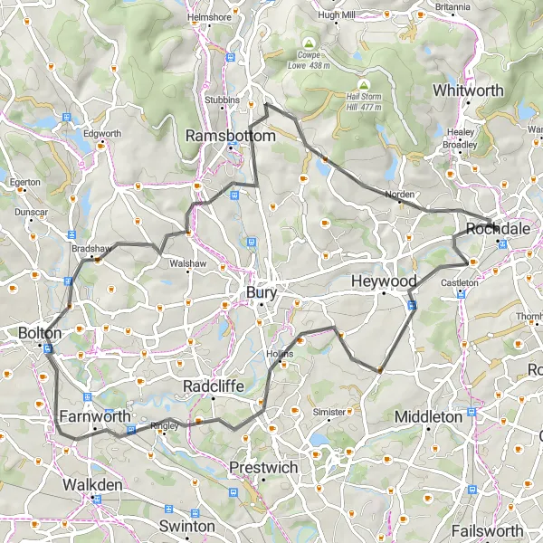 Map miniature of "Rochdale Whitefield Road Ride" cycling inspiration in Greater Manchester, United Kingdom. Generated by Tarmacs.app cycling route planner