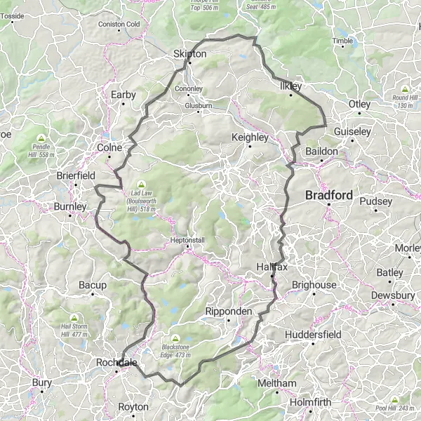 Map miniature of "Rochdale to Skipton Circular Route" cycling inspiration in Greater Manchester, United Kingdom. Generated by Tarmacs.app cycling route planner