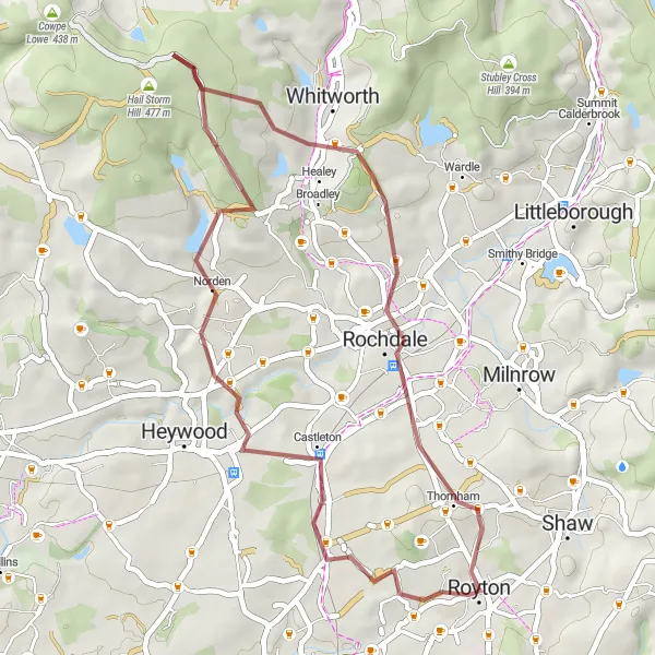 Map miniature of "Royton to Oozewood Gravel Cycling Route" cycling inspiration in Greater Manchester, United Kingdom. Generated by Tarmacs.app cycling route planner