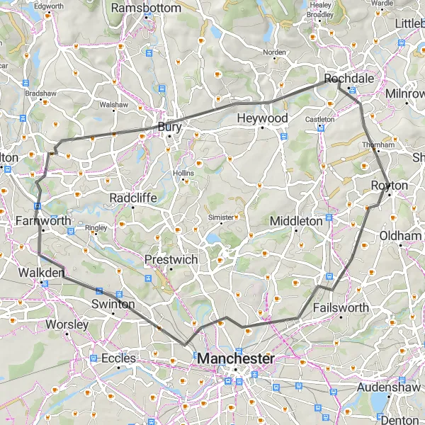 Map miniature of "Salford to Bury Road Cycling Adventure" cycling inspiration in Greater Manchester, United Kingdom. Generated by Tarmacs.app cycling route planner