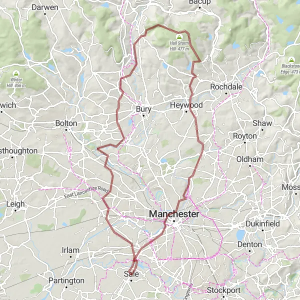 Map miniature of "Rural Charm and Stunning Views" cycling inspiration in Greater Manchester, United Kingdom. Generated by Tarmacs.app cycling route planner