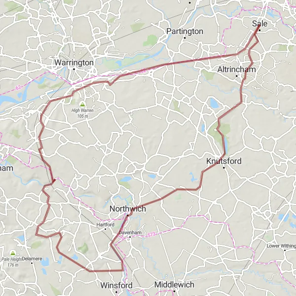 Map miniature of "Delightful Cheshire Gravel Ride" cycling inspiration in Greater Manchester, United Kingdom. Generated by Tarmacs.app cycling route planner