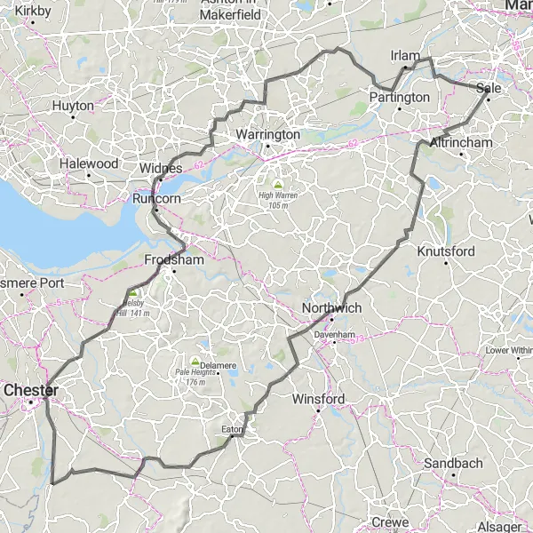 Map miniature of "Road Route: Cheshire Loop" cycling inspiration in Greater Manchester, United Kingdom. Generated by Tarmacs.app cycling route planner