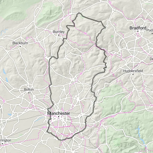 Map miniature of "Road Route: Lancashire Climber" cycling inspiration in Greater Manchester, United Kingdom. Generated by Tarmacs.app cycling route planner