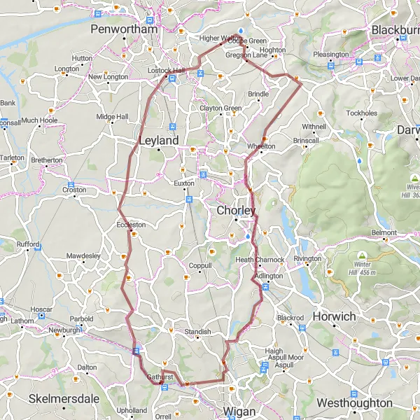 Map miniature of "The Gravel challenge via Appley Bridge and Cuerdale" cycling inspiration in Greater Manchester, United Kingdom. Generated by Tarmacs.app cycling route planner