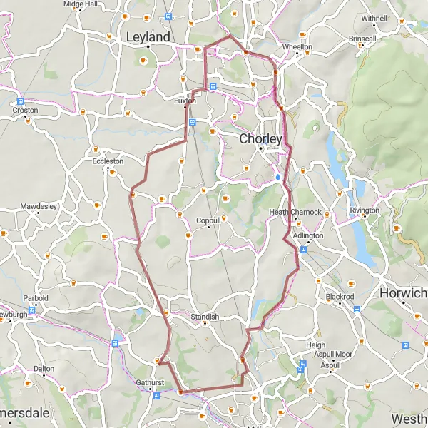 Map miniature of "The Leisurely Gravel Route through Euxton and Gathurst" cycling inspiration in Greater Manchester, United Kingdom. Generated by Tarmacs.app cycling route planner