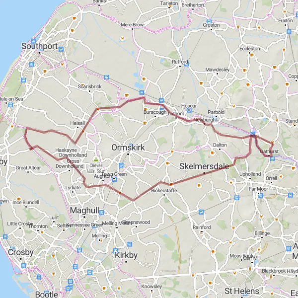 Map miniature of "The Gravel Loop through Skelmersdale and Halsall" cycling inspiration in Greater Manchester, United Kingdom. Generated by Tarmacs.app cycling route planner