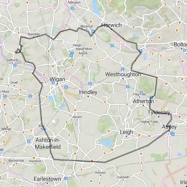 Map miniature of "Shevington Loop" cycling inspiration in Greater Manchester, United Kingdom. Generated by Tarmacs.app cycling route planner