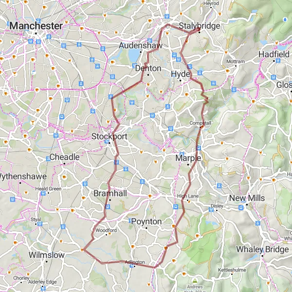 Map miniature of "Challenging Gravel Adventure" cycling inspiration in Greater Manchester, United Kingdom. Generated by Tarmacs.app cycling route planner