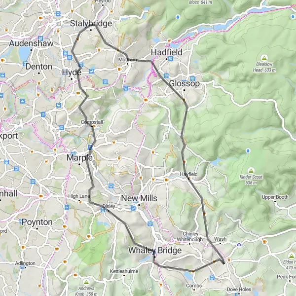 Map miniature of "Glossop and Black Hill Loop" cycling inspiration in Greater Manchester, United Kingdom. Generated by Tarmacs.app cycling route planner