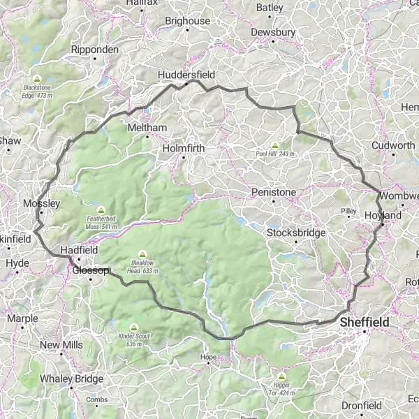 Map miniature of "The Peaks and Valleys" cycling inspiration in Greater Manchester, United Kingdom. Generated by Tarmacs.app cycling route planner