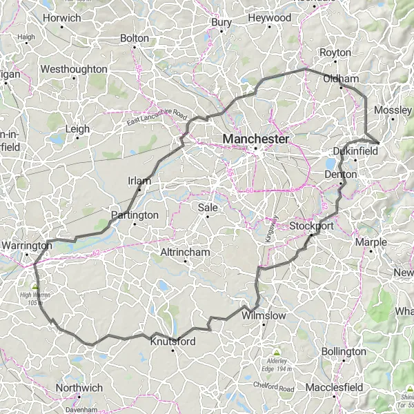 Map miniature of "Scenic Country Road Ride" cycling inspiration in Greater Manchester, United Kingdom. Generated by Tarmacs.app cycling route planner