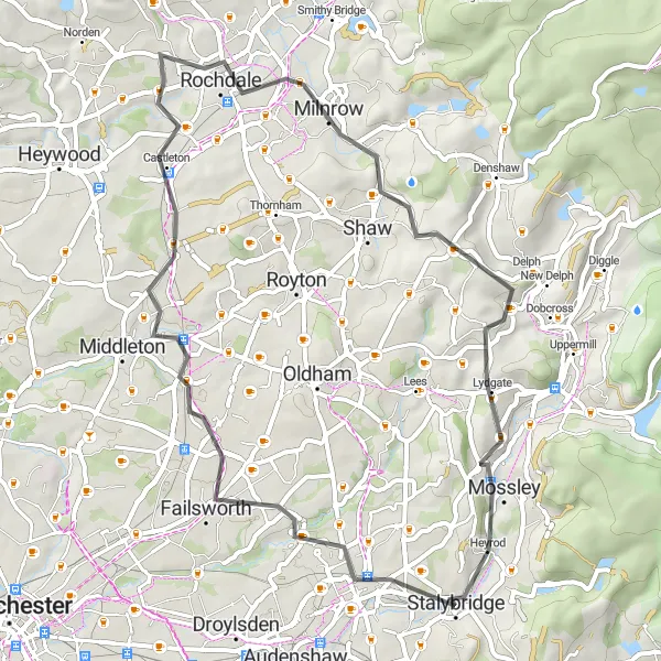 Map miniature of "Road Ride through Ashton-under-Lyne and Rochdale" cycling inspiration in Greater Manchester, United Kingdom. Generated by Tarmacs.app cycling route planner