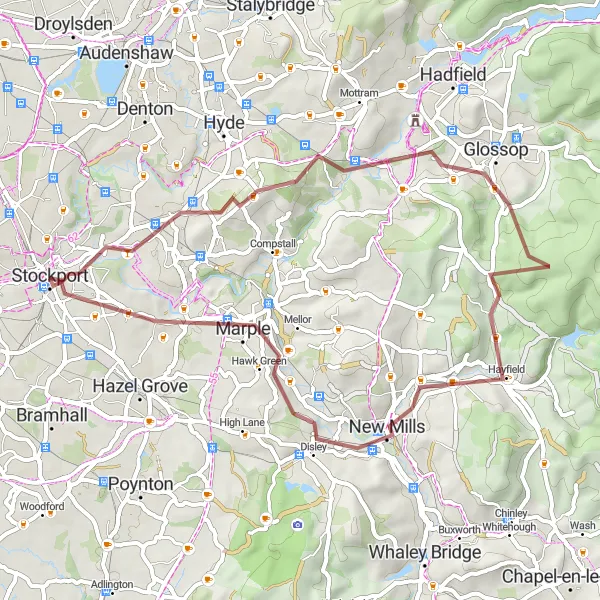 Map miniature of "Gravel Adventure to Stockport" cycling inspiration in Greater Manchester, United Kingdom. Generated by Tarmacs.app cycling route planner
