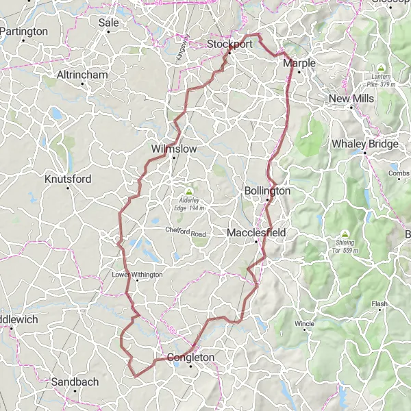Map miniature of "Cheshire Gravel Escape" cycling inspiration in Greater Manchester, United Kingdom. Generated by Tarmacs.app cycling route planner