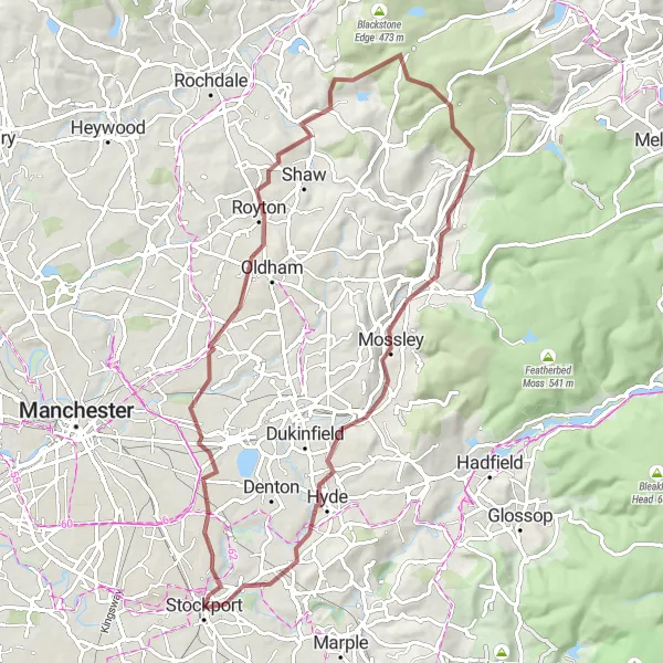 Map miniature of "Manchester Gravel Challenge" cycling inspiration in Greater Manchester, United Kingdom. Generated by Tarmacs.app cycling route planner