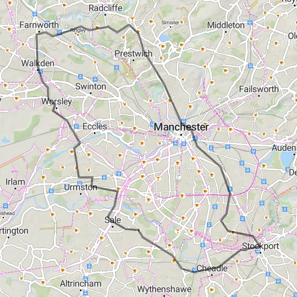 Map miniature of "Sale to Burnage Loop" cycling inspiration in Greater Manchester, United Kingdom. Generated by Tarmacs.app cycling route planner