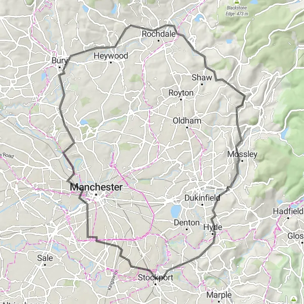 Map miniature of "Stockport to Bredbury" cycling inspiration in Greater Manchester, United Kingdom. Generated by Tarmacs.app cycling route planner