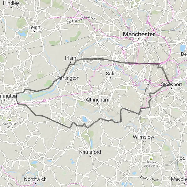 Map miniature of "Villages and Country Roads" cycling inspiration in Greater Manchester, United Kingdom. Generated by Tarmacs.app cycling route planner
