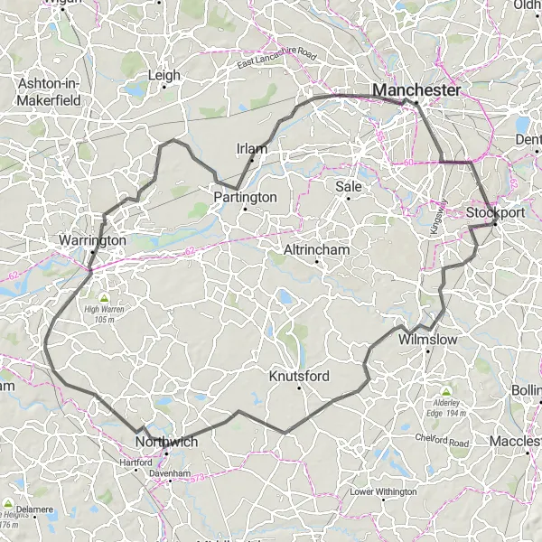 Map miniature of "Cheshire and Beyond" cycling inspiration in Greater Manchester, United Kingdom. Generated by Tarmacs.app cycling route planner
