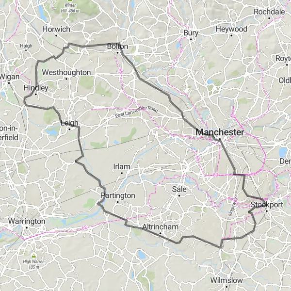 Map miniature of "Hale to Stockport" cycling inspiration in Greater Manchester, United Kingdom. Generated by Tarmacs.app cycling route planner