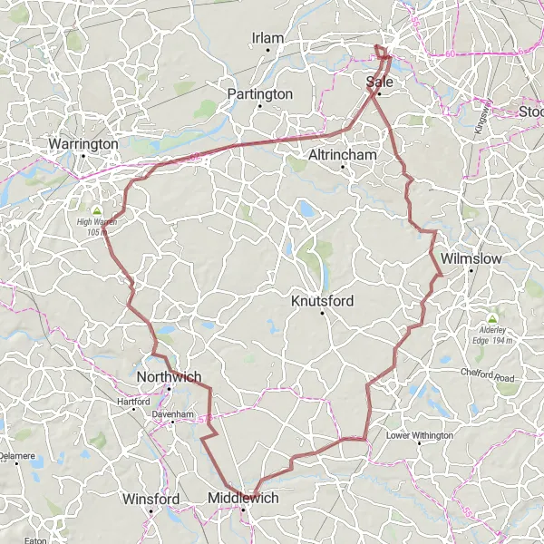 Map miniature of "Adventure through Cheshire" cycling inspiration in Greater Manchester, United Kingdom. Generated by Tarmacs.app cycling route planner